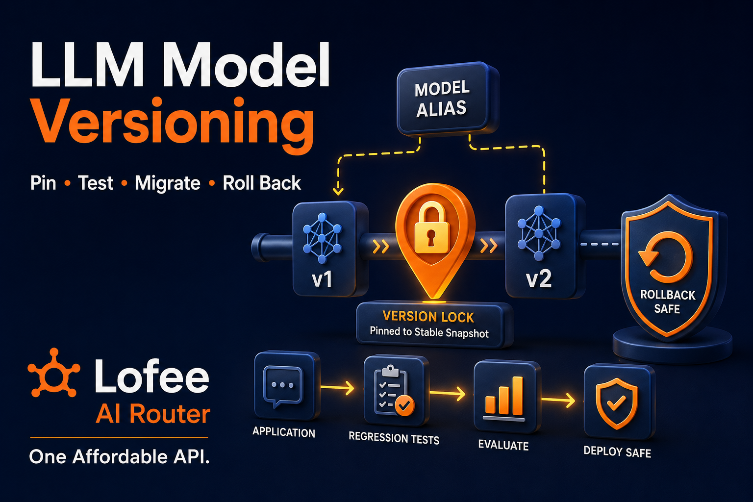 LLM model versioning diagram with aliases, pinned snapshots, regression tests, canary release, and rollback