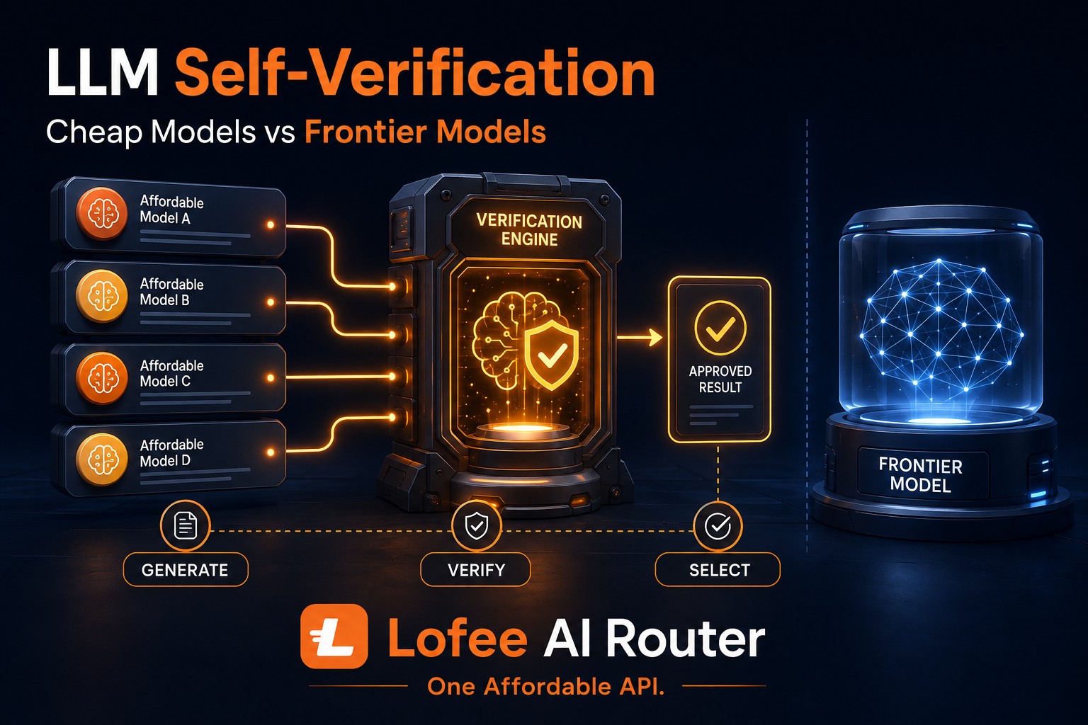 LLM self-verification workflow with generate, verify, and select stages for affordable AI models