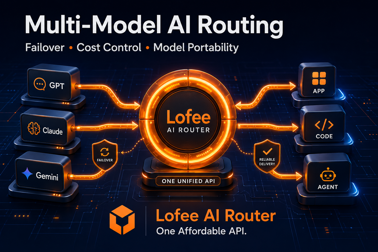 Multi-model AI routing diagram connecting GPT, Claude, and Gemini through Lofee AI Router